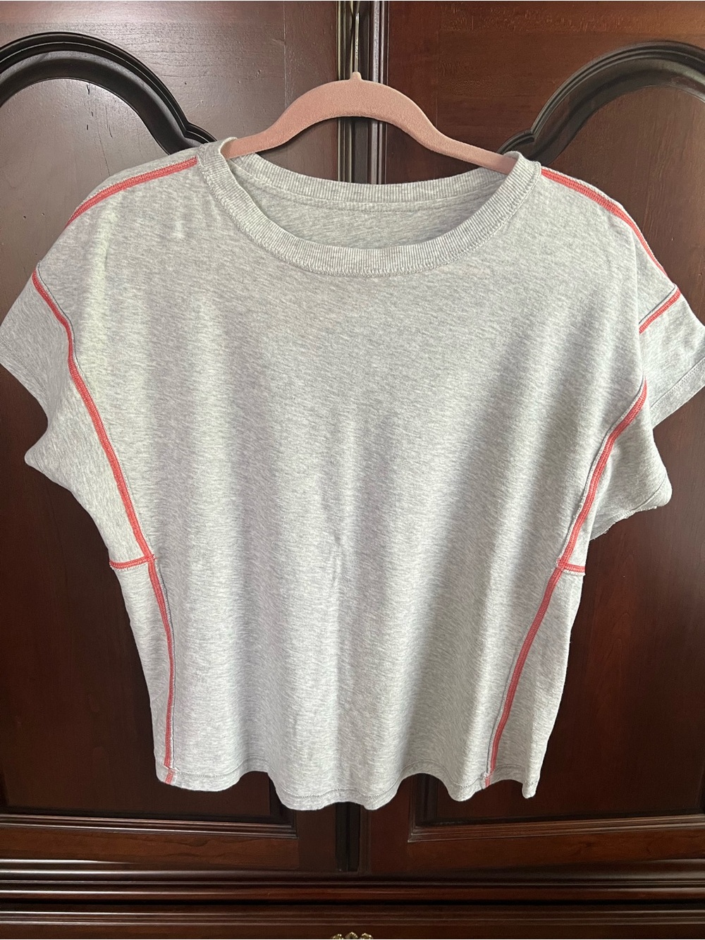 Women's Grey Short-Sleeve Top with Coral Contrast Stitching